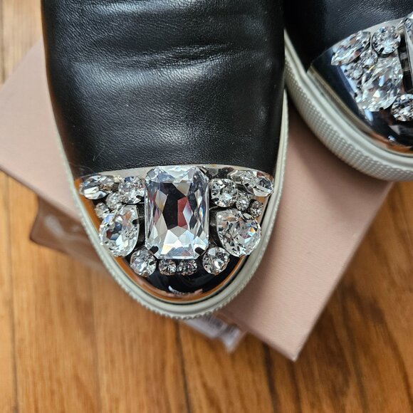 Miu Miu Crystal Cap-Toe Leather Sneaker - Picture 4 of 13